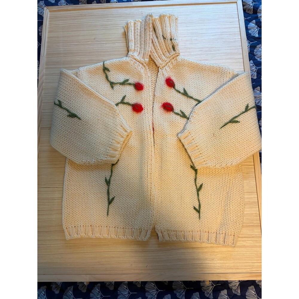 Cream Chunky Knit Cardigan Red Rose Floral Embroidered Shawl Collar Cottagecore - Picture 4 of 6